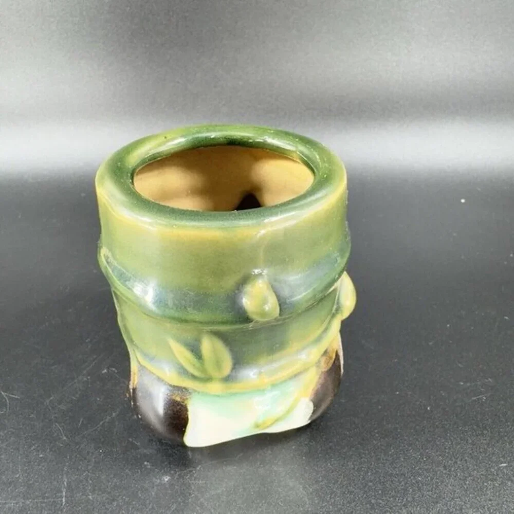 Vintage Majolica Style Ceramic Panda Bear With Bamboo Planter Small Vase Pottery